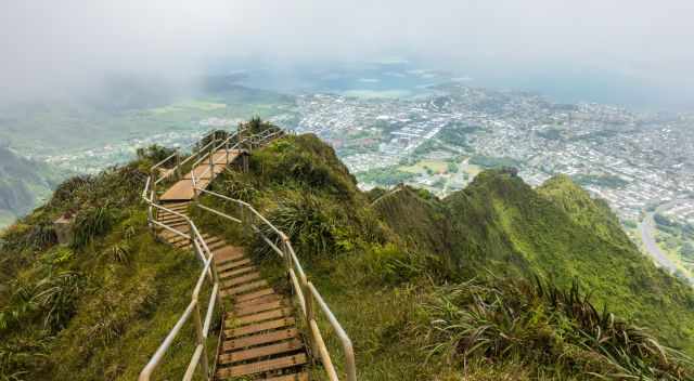 The Haiku Stairs winding down to Kaneohe Bay