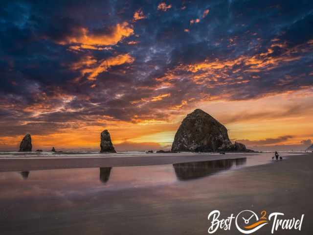 Sunset at low tide at Haystack Rock and Cannon Beach