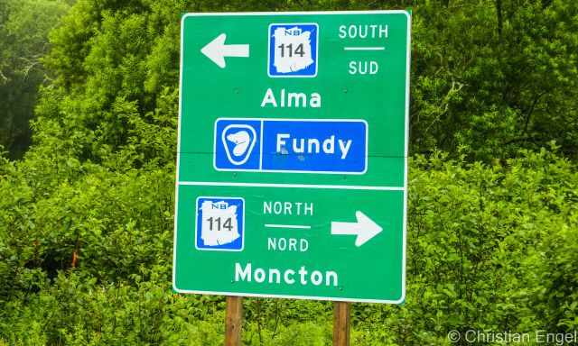 Road Sign to Hopewell Rocks and Moncton