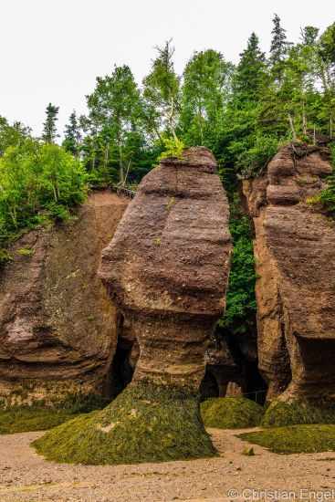 A smaller sea stack in front of the caves and cliff.