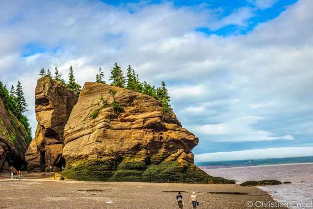 Elephant Rock from the distance with visitors walking on the seabed.