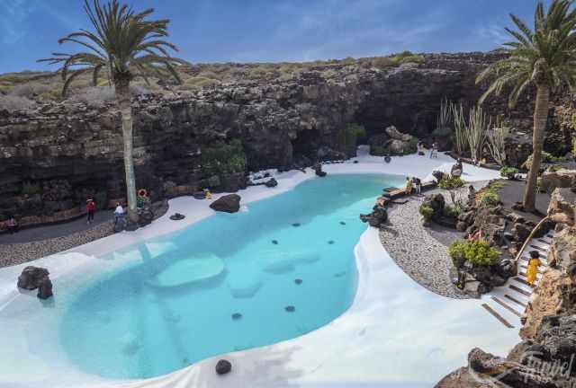 The turquoise blue water in the pool of Jameos del Agua