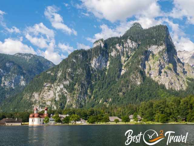 Königssee, St. Bartholomä and mountains in the back.