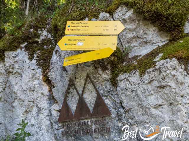 Trail sign at Rabenwand in Berchtesgaden National Park showing directions to Malerwinkel and Königssee.