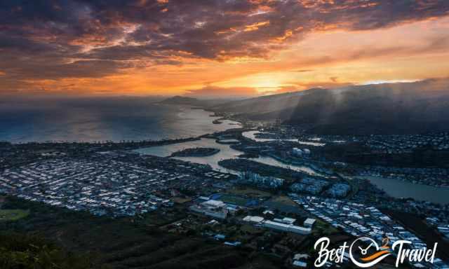 A reddish-orange sunset from Koko Head Crater