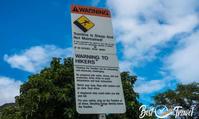 A warning sign for the tramline hike and its risks
