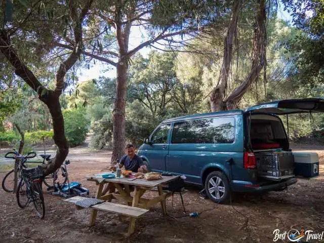 A California Beach on a campsite with a table.