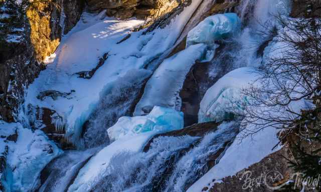 Ice and snow sculptures at the waterfall