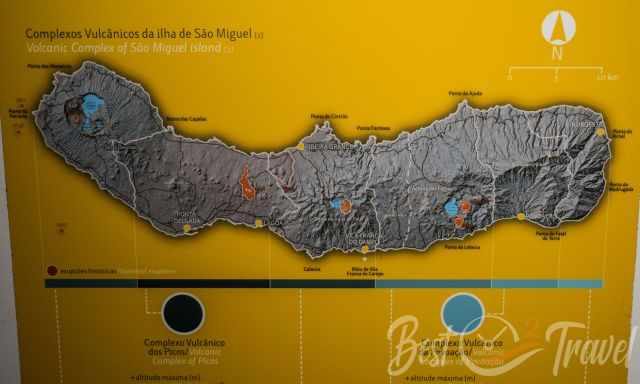 A map of Sao Miguel with the three active volcanoes.