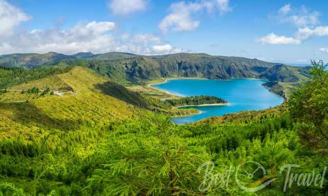 Fogo Lake from a viewpoint in higher elevation