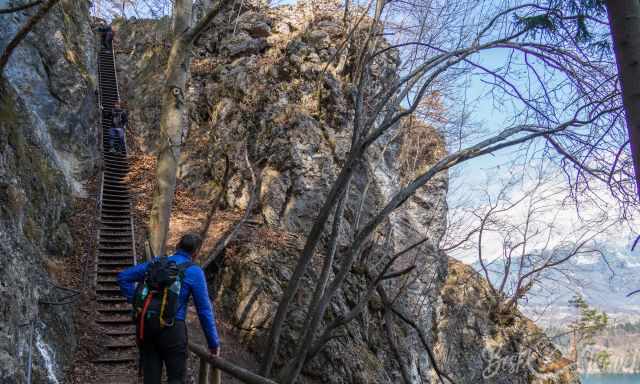 A long and steep narrow staircase leads up to the viewpoint