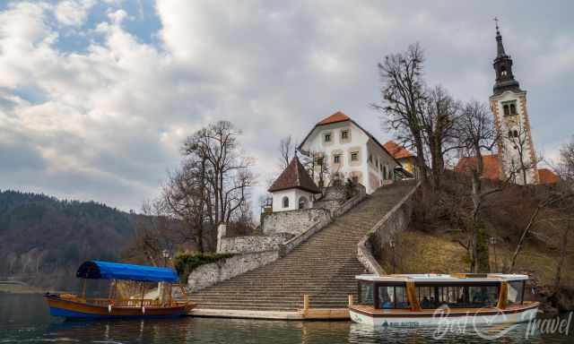 View to the 99 steps and chapel from the pletna boat