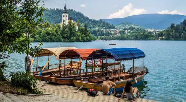 Lake Bled and several rowing boats