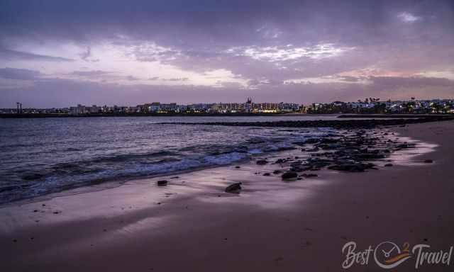 Beaches and Promenade at Costa Teguise in the evening.