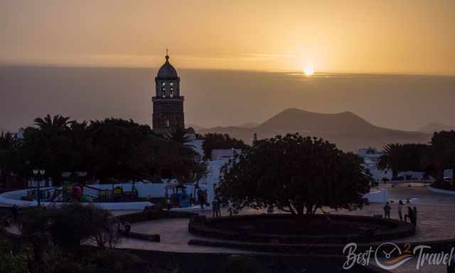 Teguise town center and church at sunset