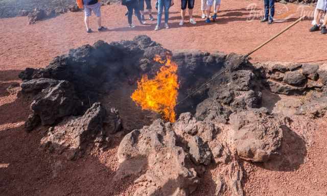 A dry bush is held into  a one meter deep hole and burns immediately.