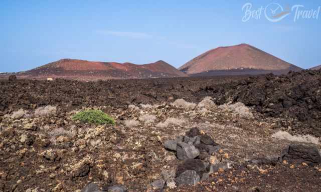 Two red craters behind a black lava field