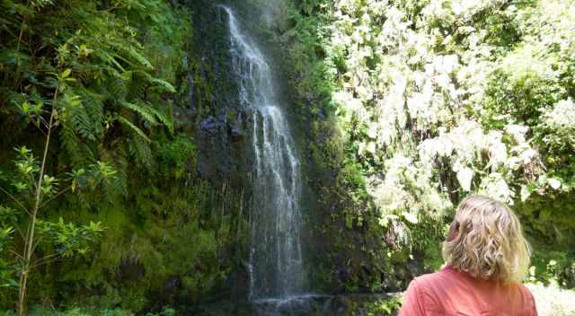 Me in front of the first waterfall of Caldeirao Verde 