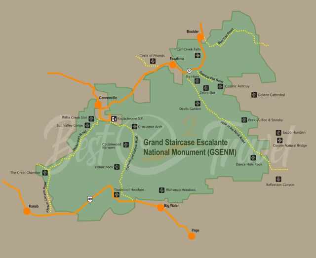 Grand Staircase Escalante Map with all 17 Highlights