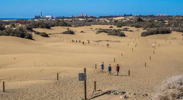 People walking on marked trail through the Maspalomas Dunes Nature Reserve