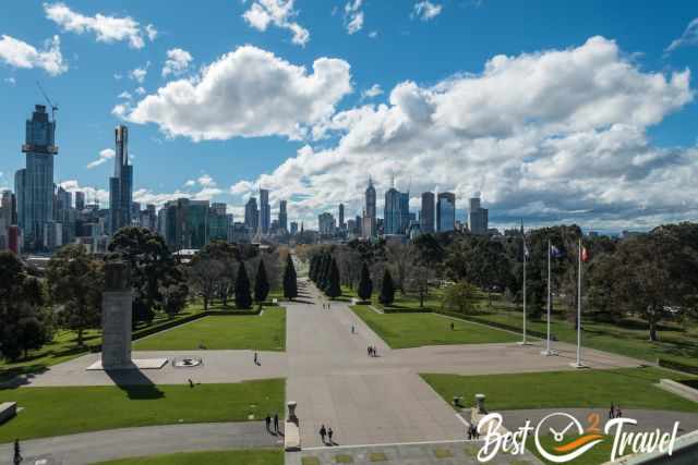 View of the Melbourne City Center from the Shrine of Remembrance in the Royal Botanical Garden