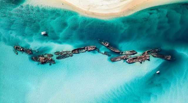 Drone Picture of the Tangalooma wrecks in high distance