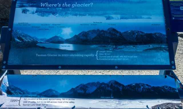 Information board of the shrinking Tasman Glacier