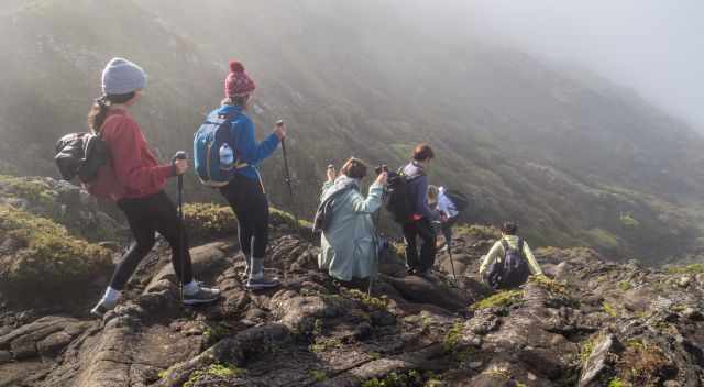 A group of hikers wearing warm clothes