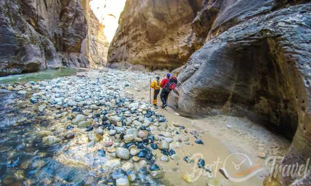 Two hikers with rented gear in the colder season