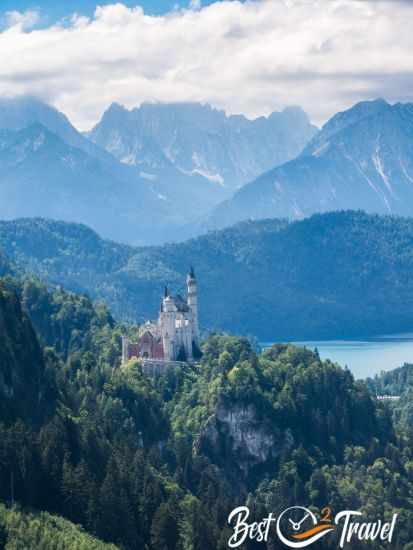 Neuschwanstein view from cable car with Alpsee and Allgäu Alps in the back