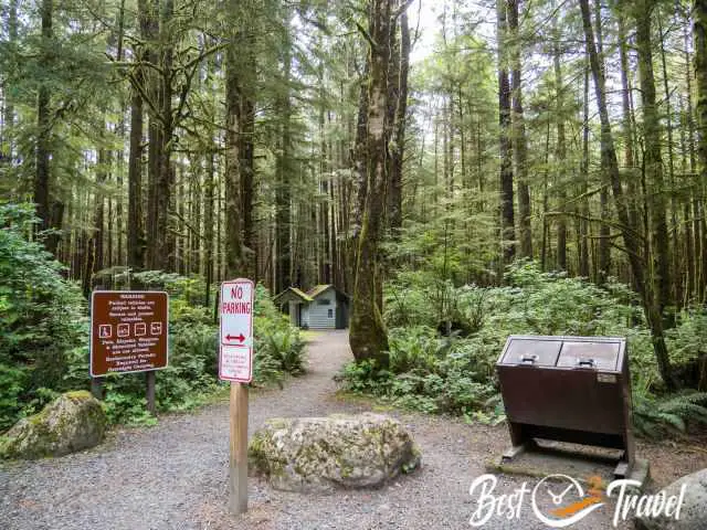 The Third Beach Trailhead with trash bins and toilets