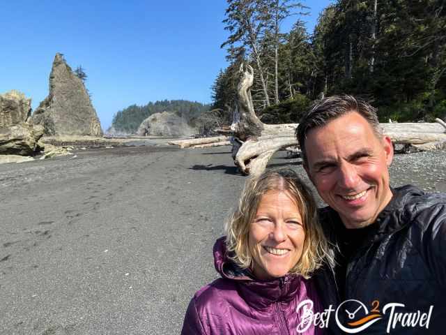 The author and photographer and her husband on Rialto Beach