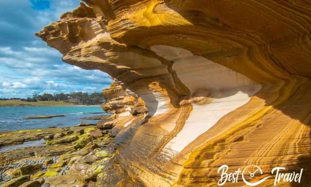 The Painted Cliffs at low tide with a blue sky and sunshine