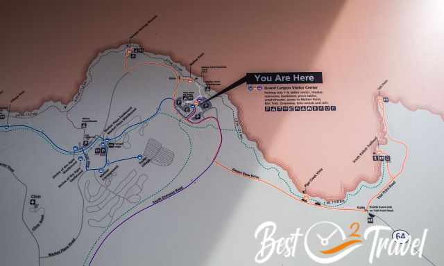 The parking and shuttle map of the South Kaibab Route