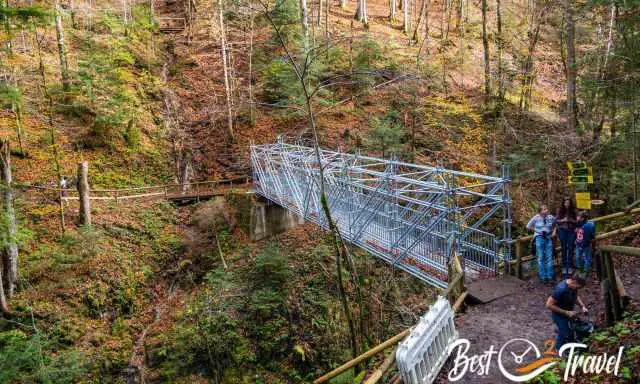 The iron bridge high above the gorge.