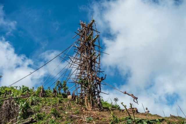 The land diving tower and a young boy jumping.