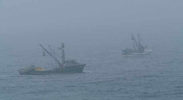 Fishermen boats in dense fog view from Point Lobos cliffs