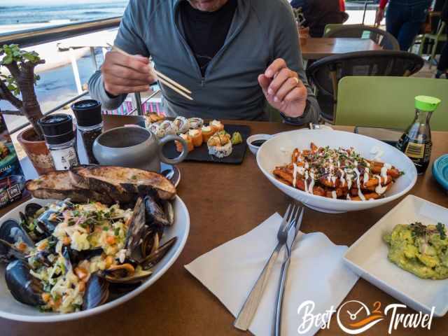 Seafood Lunch and sweet potato chips.