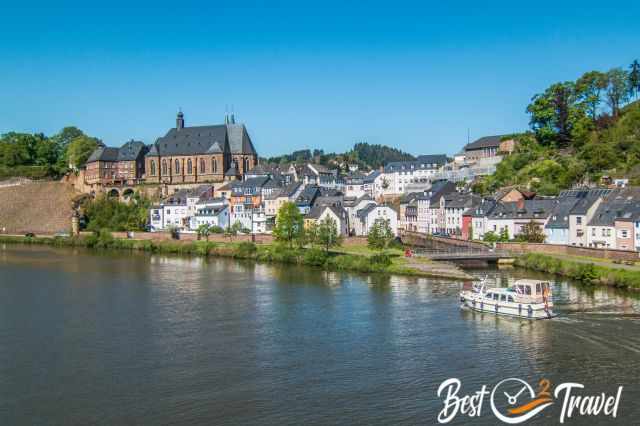 View to the creek and river Saar with the old town in the back
