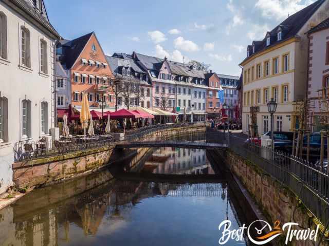 View from a pedestrian bridge to the river and old town.