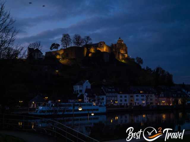 Saarburg castle view from the river in the night.