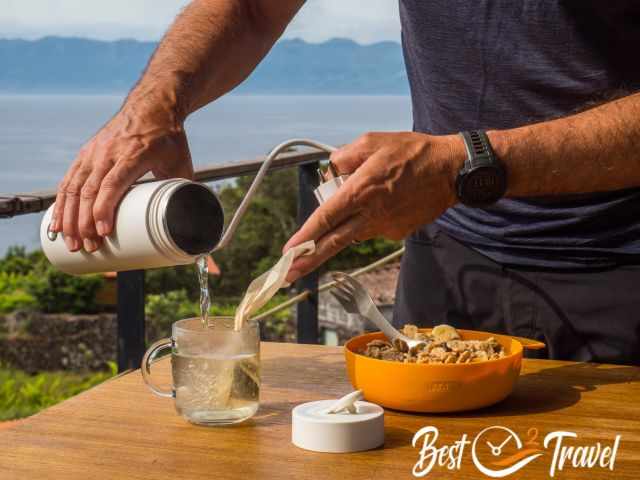 A travel kettle used in Sao Jorge, Azores with Pico in the back.