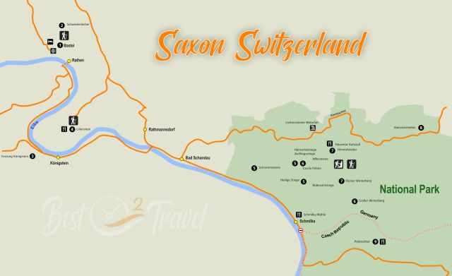 Hiking Map Saxon Switzerland for the National Park and Bastei