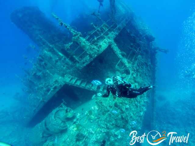 A female diver at the Giannis D. ship wreck