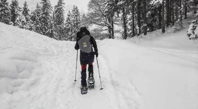 Hiking in deep snow with snowshoes