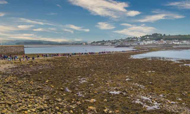 The busy cobbled causeway at low tide