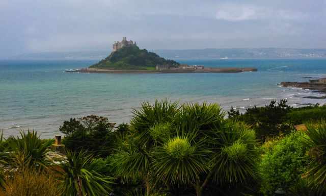 The Mount and causeway at high tide from higher elevation.