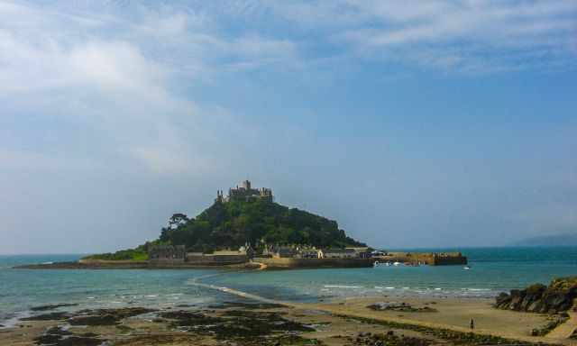 The Mount and the causeway at high tide but visible from higher elevation.