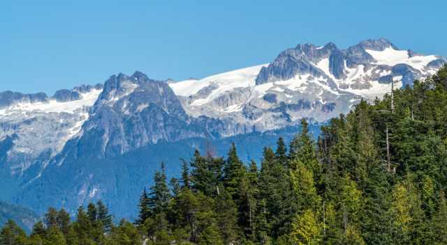 The snow covered Garibaldi Mountains in the back.