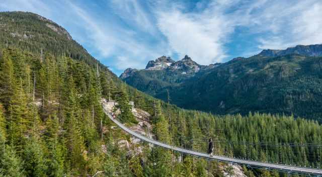 The Sky Pilot Suspension Bridge offering a breathtaking view to the mountains.